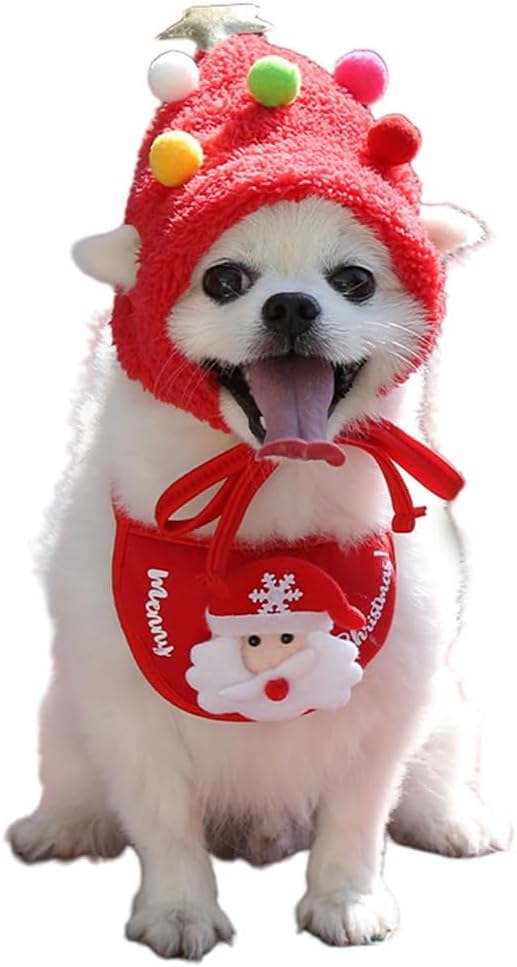 Adorable Christmas Tree Pom-Pom Hat, Adjustable Santa Reindeer Christmas Tree Headwear for Pets with Star and Pompoms