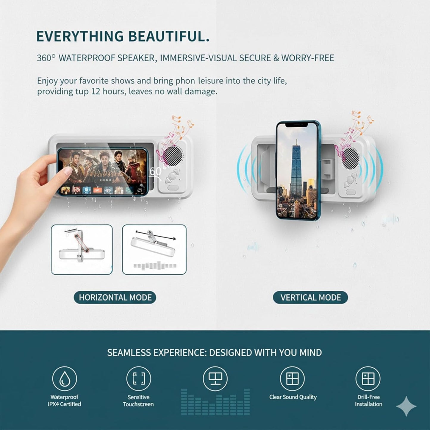 Shower Phone Holder with Wireless Bluetooth Speaker