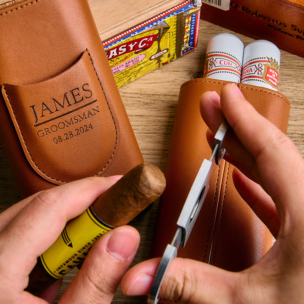 Personalized Cigar Case, Leather Cigar Holder with Cutter, Cigar Travel Case, Groomsmen Gifts, Gift for Dad Husband Gift for Him